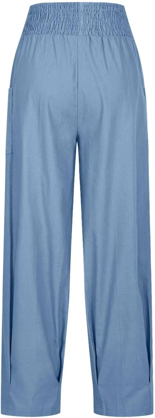 Linen Pants Women High Waisted Wide Leg Pants Summer Trendy Harem Pants Casual Loose Fit Pants Trousers with Pockets