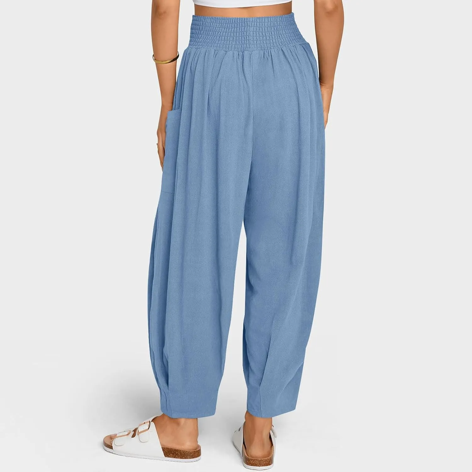 Linen Pants Women High Waisted Wide Leg Pants Summer Trendy Harem Pants Casual Loose Fit Pants Trousers with Pockets