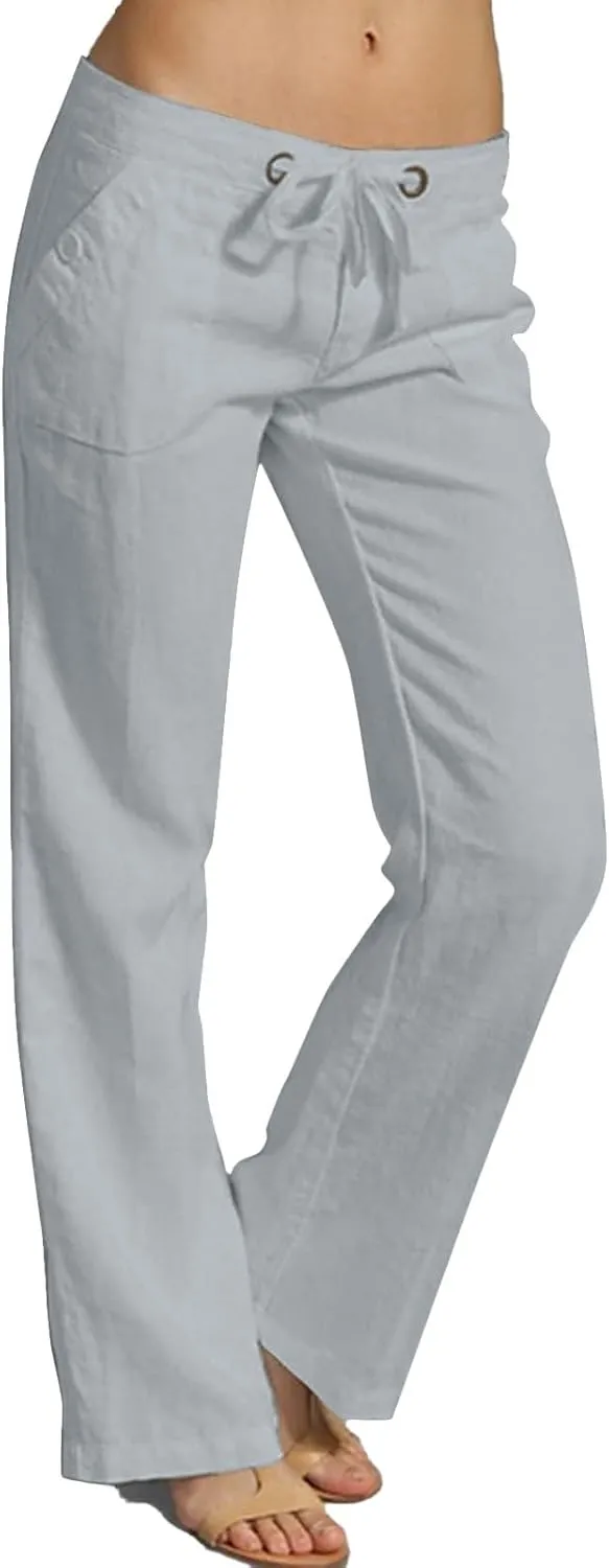 Linen Pants Women Straight Leg Low Rise Lounge Palazzo Capri Pants Summer Drawstring Casual Work Pants Trousers 2025