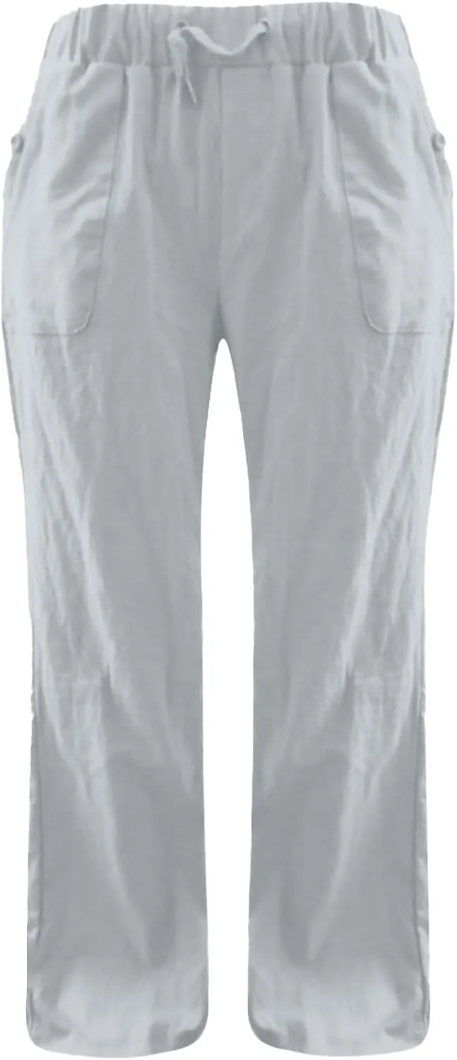 Linen Pants Women Straight Leg Low Rise Lounge Palazzo Capri Pants Summer Drawstring Casual Work Pants Trousers 2025