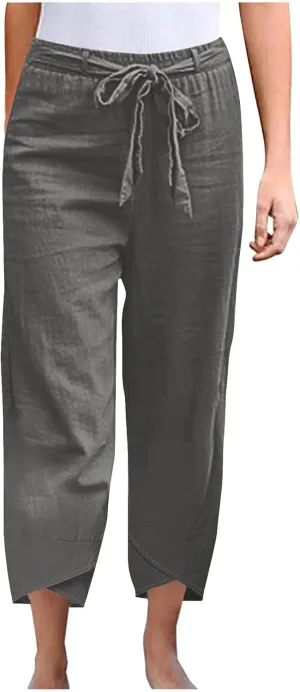 Linen Pants Women Vacation Boho Pants Drawstring Waist Linen Pants Summer Loose Fit Capri Pants Solid Trendy Trousers