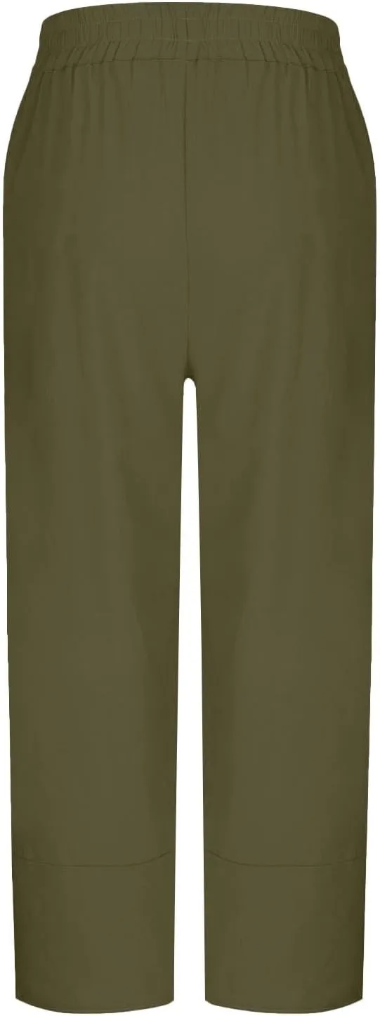 Linen Pants Women Vacation Boho Pants Drawstring Waist Linen Pants Summer Loose Fit Capri Pants Solid Trendy Trousers