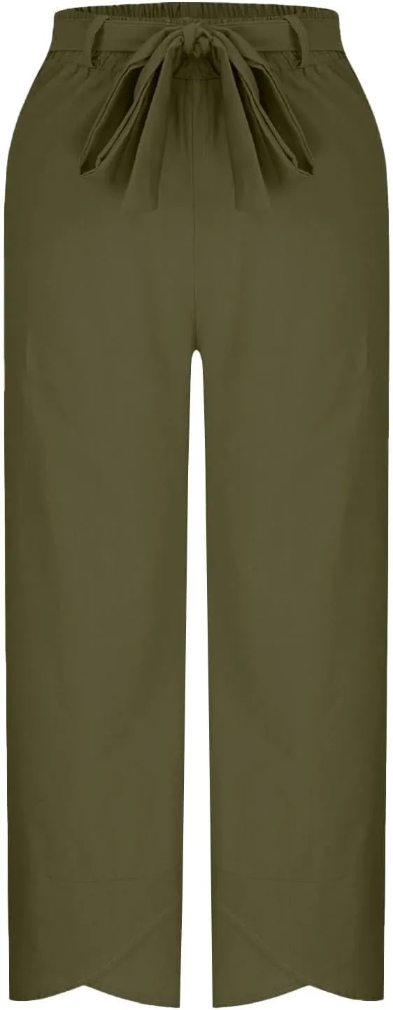Linen Pants Women Vacation Boho Pants Drawstring Waist Linen Pants Summer Loose Fit Capri Pants Solid Trendy Trousers