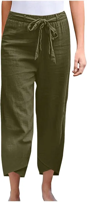 Linen Pants Women Vacation Boho Pants Drawstring Waist Linen Pants Summer Loose Fit Capri Pants Solid Trendy Trousers