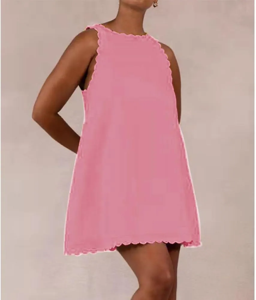 LOAIHA Linen Tank Tops for Women Summer Mini Sundress Loose Fit Sleeveless Tunic Tops Plus Size Stylish Lace Hem Tunic Dress