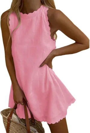 LOAIHA Linen Tank Tops for Women Summer Mini Sundress Loose Fit Sleeveless Tunic Tops Plus Size Stylish Lace Hem Tunic Dress
