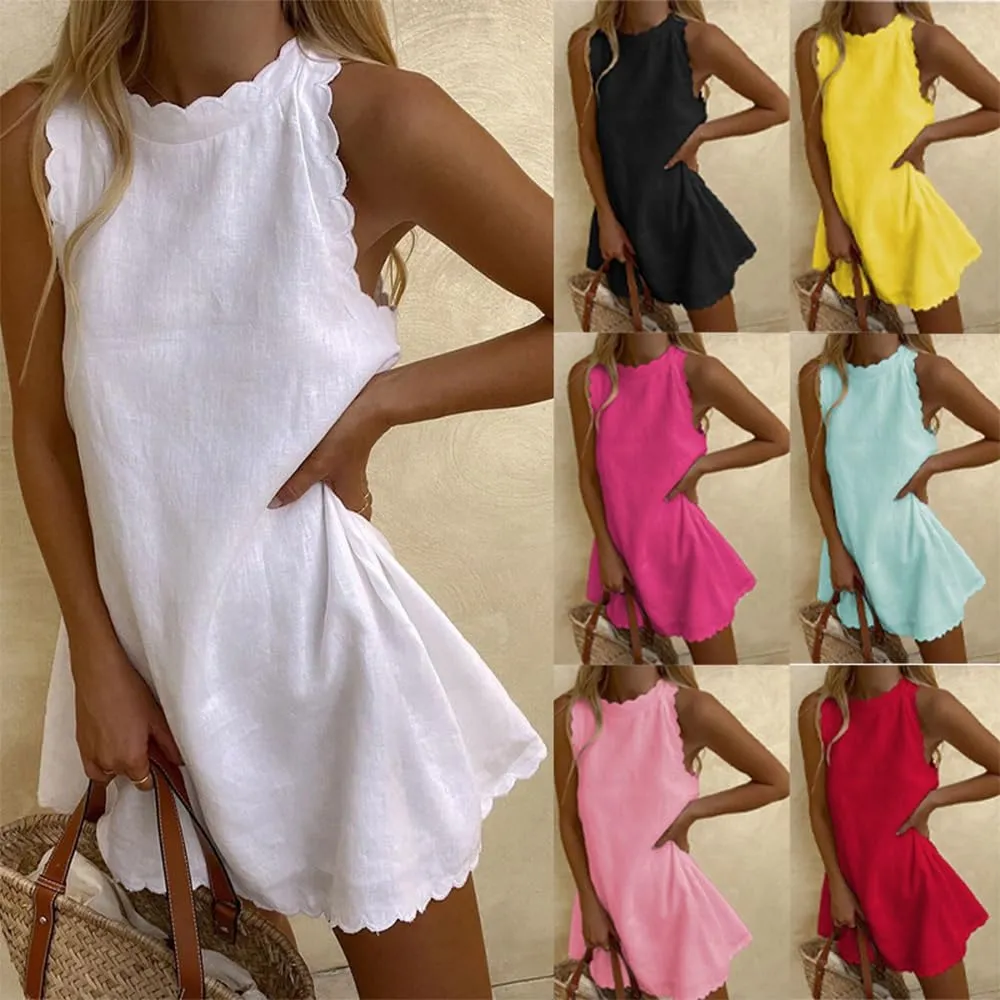 LOAIHA Linen Tank Tops for Women Summer Mini Sundress Loose Fit Sleeveless Tunic Tops Plus Size Stylish Lace Hem Tunic Dress