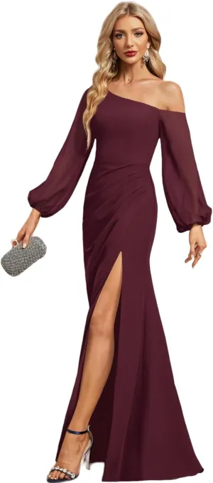 Long Sleeve Chiffon Bridesmaid Dresses with Slit A Line Pleated Wedding Guest Dresses for Women MA42