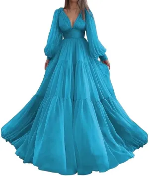 Long Sleeve Tulle Prom Dresses V Neck Puffy Formal Evening Party Gown for Women Princess Wedding Dress