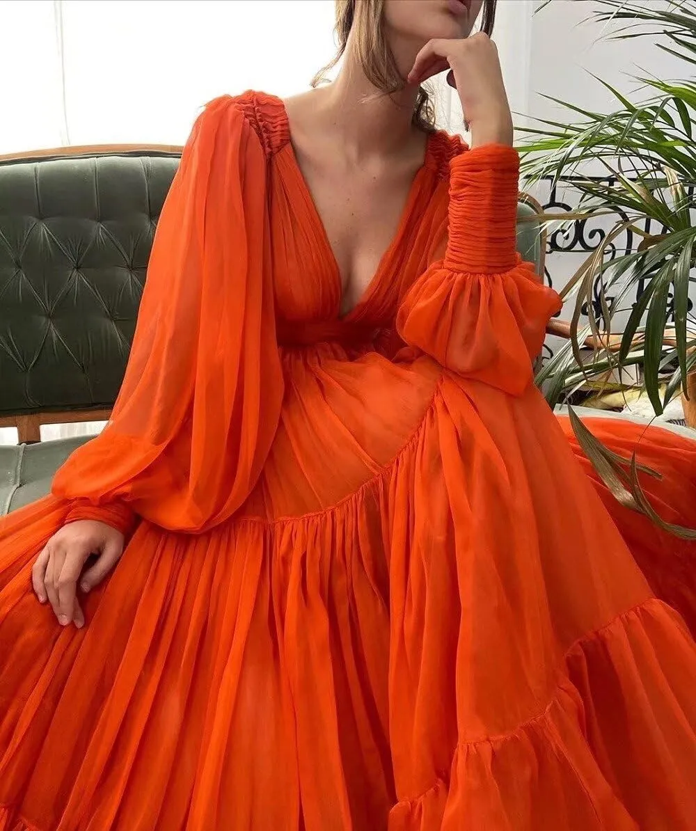 Long Sleeve Tulle Prom Dresses V Neck Puffy Formal Evening Party Gown for Women Princess Wedding Dress