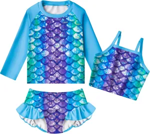 LQSZ Girls Rash Guard Sets Long Sleeves Swimsuit 3 Pieces Tankini Bathing Suit Swimwear for Girls 3-12 Years