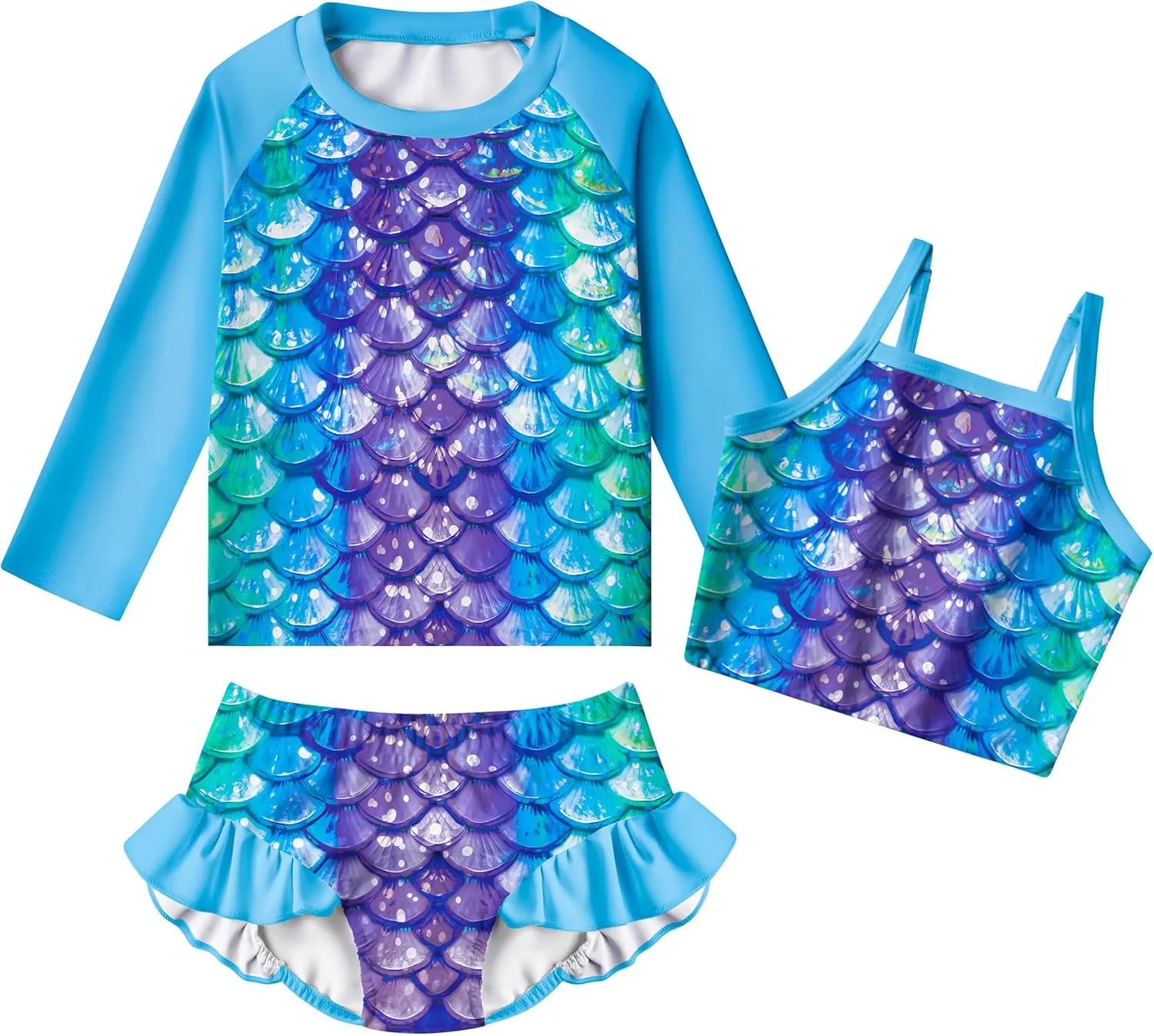 LQSZ Girls Rash Guard Sets Long Sleeves Swimsuit 3 Pieces Tankini Bathing Suit Swimwear for Girls 3-12 Years