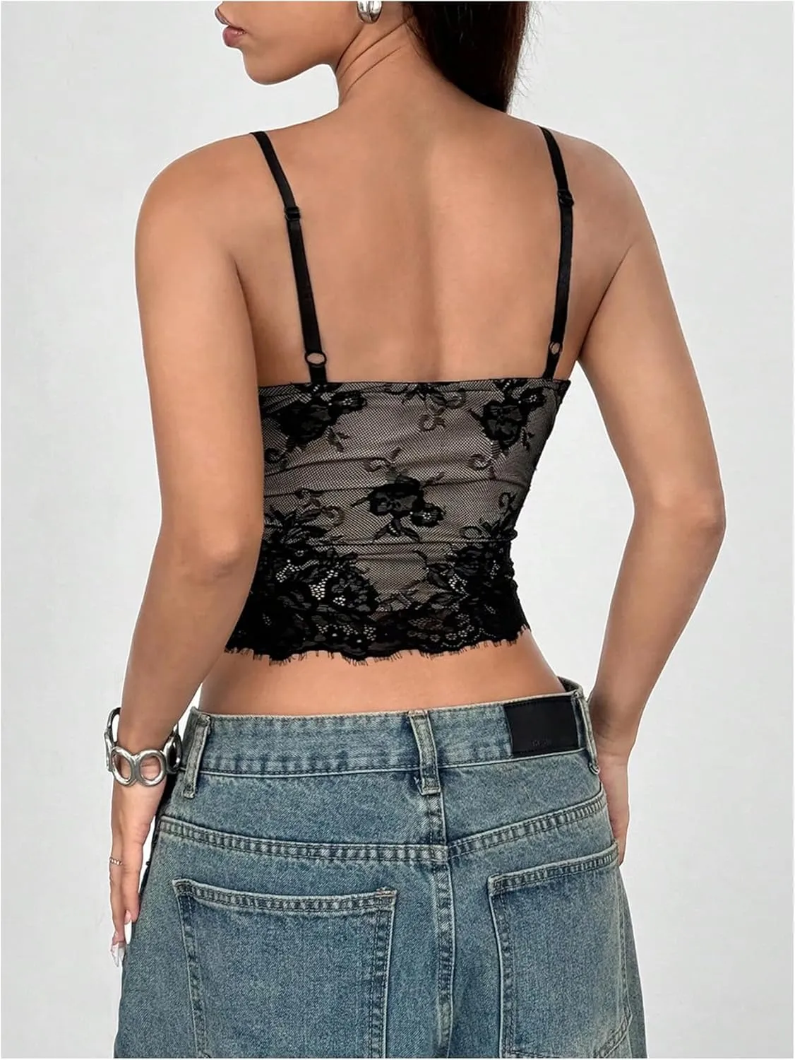 MakeMeChic Women's Floral Lace Cami Top Spaghetti Strap Camisole Sleeveless Crop Tops