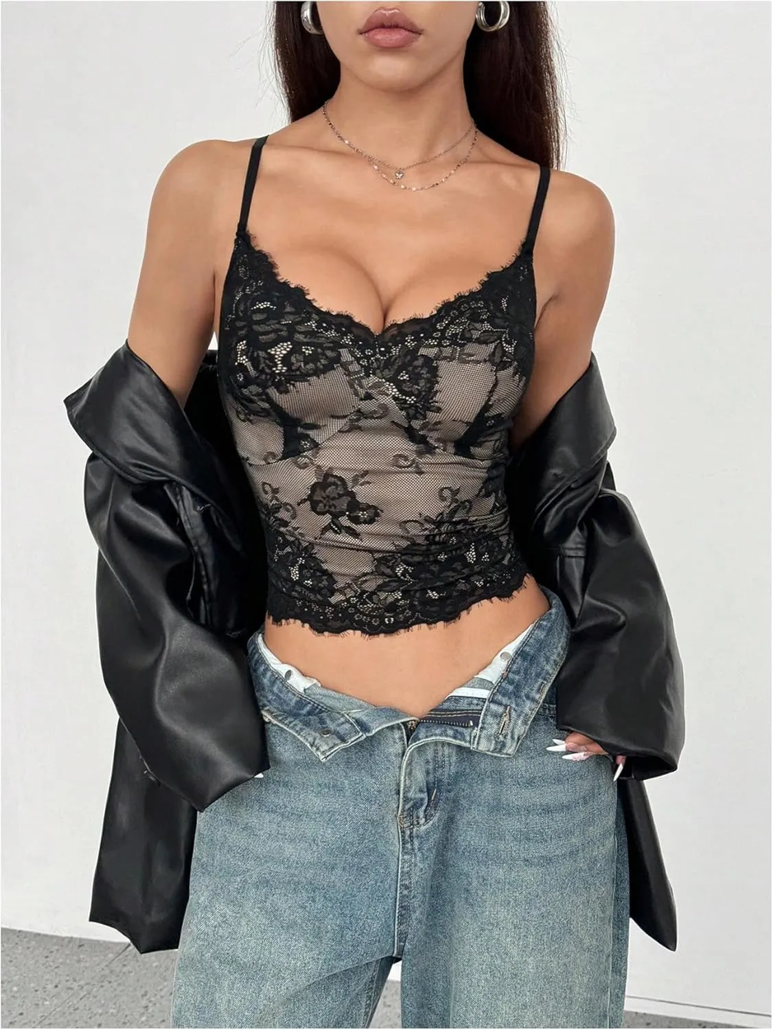 MakeMeChic Women's Floral Lace Cami Top Spaghetti Strap Camisole Sleeveless Crop Tops