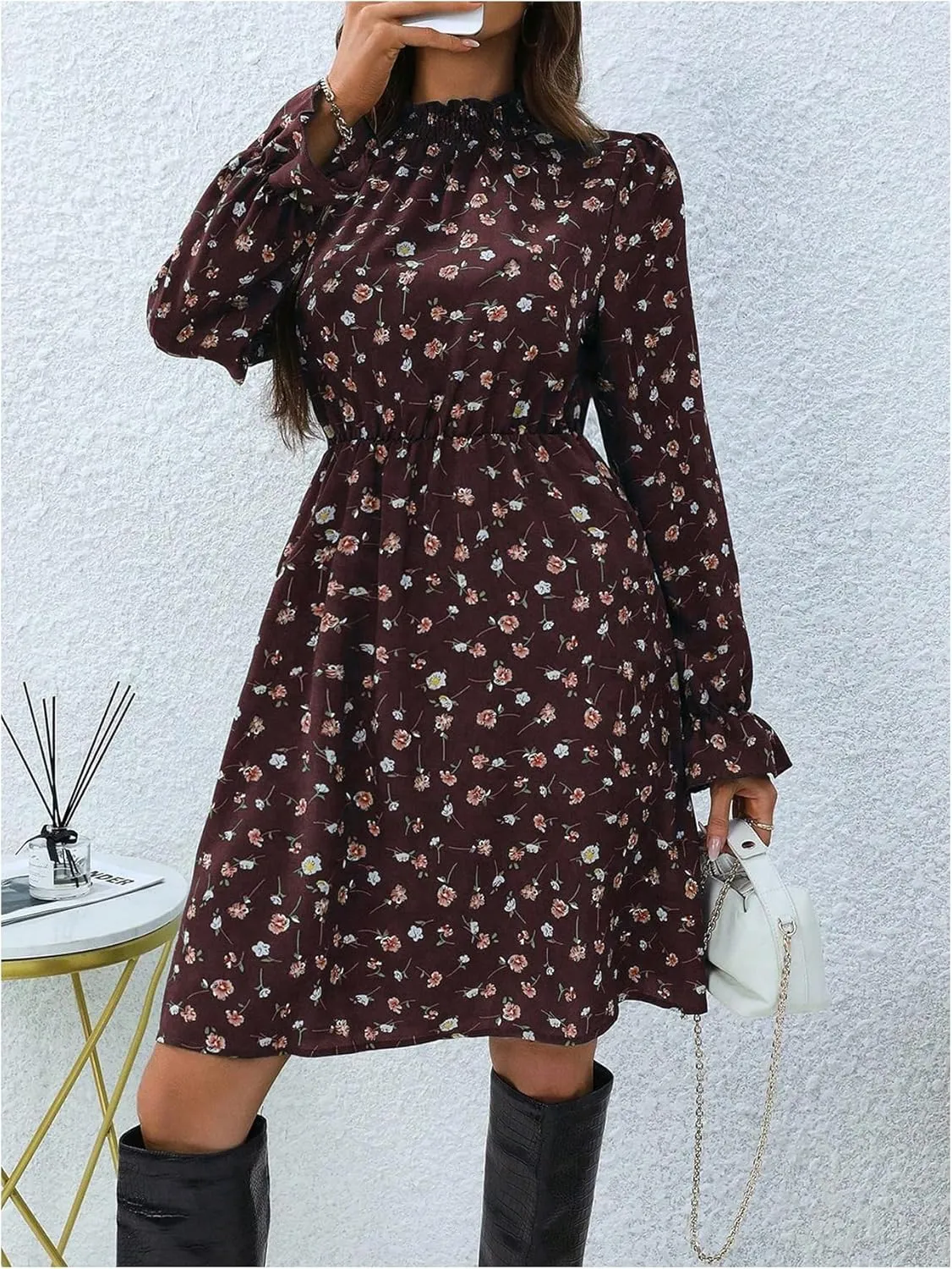 MakeMeChic Women's Floral Print Long Sleeve Mock Neck Shirred A Line Casual Short Mini Dress