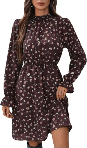 MakeMeChic Women's Floral Print Long Sleeve Mock Neck Shirred A Line Casual Short Mini Dress