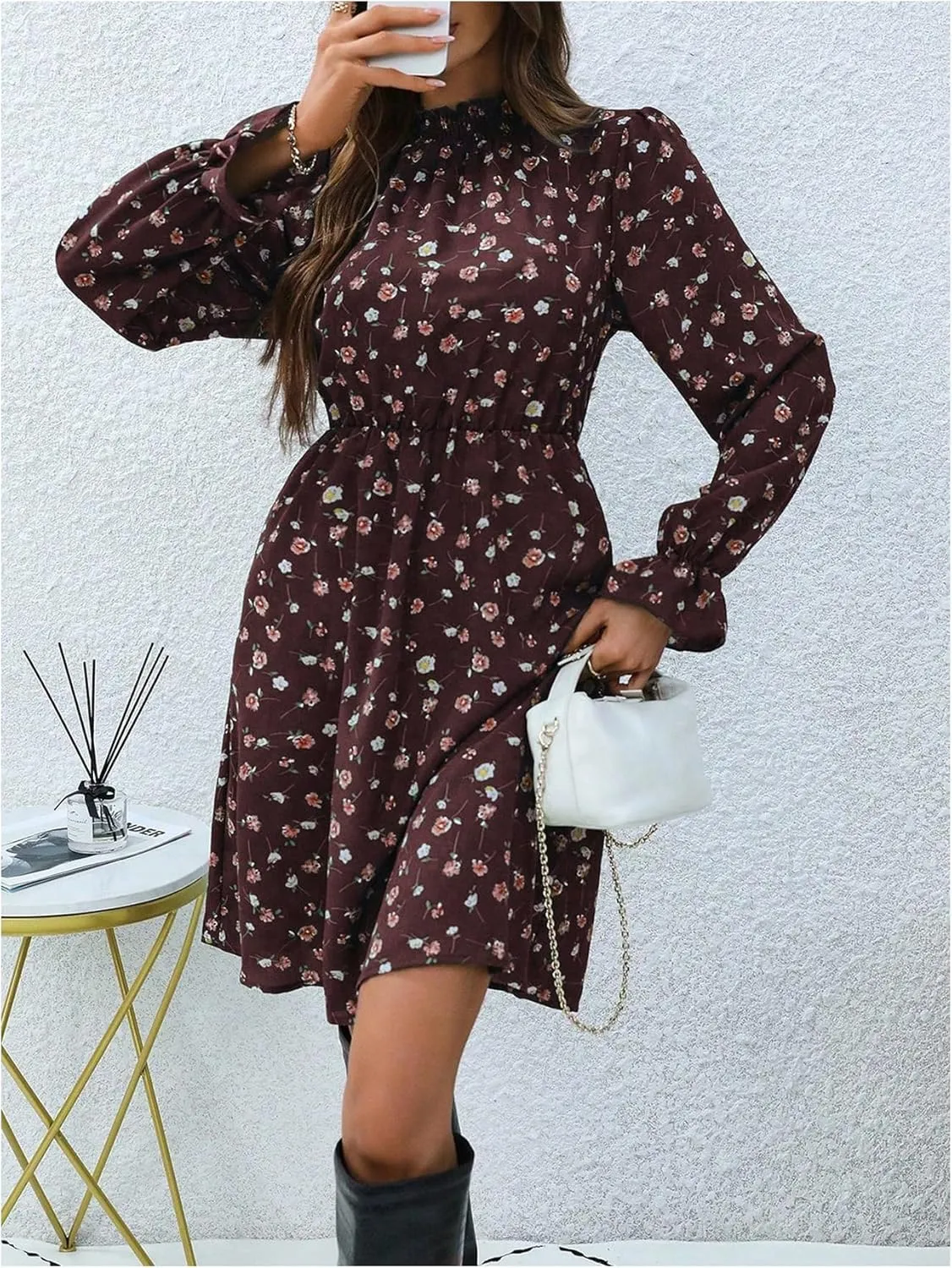 MakeMeChic Women's Floral Print Long Sleeve Mock Neck Shirred A Line Casual Short Mini Dress