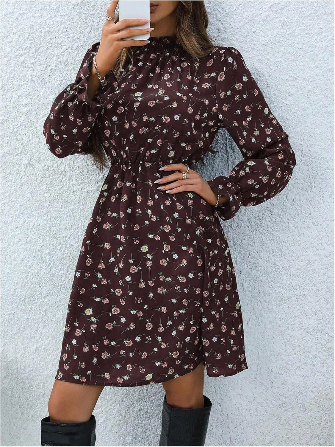 MakeMeChic Women's Floral Print Long Sleeve Mock Neck Shirred A Line Casual Short Mini Dress