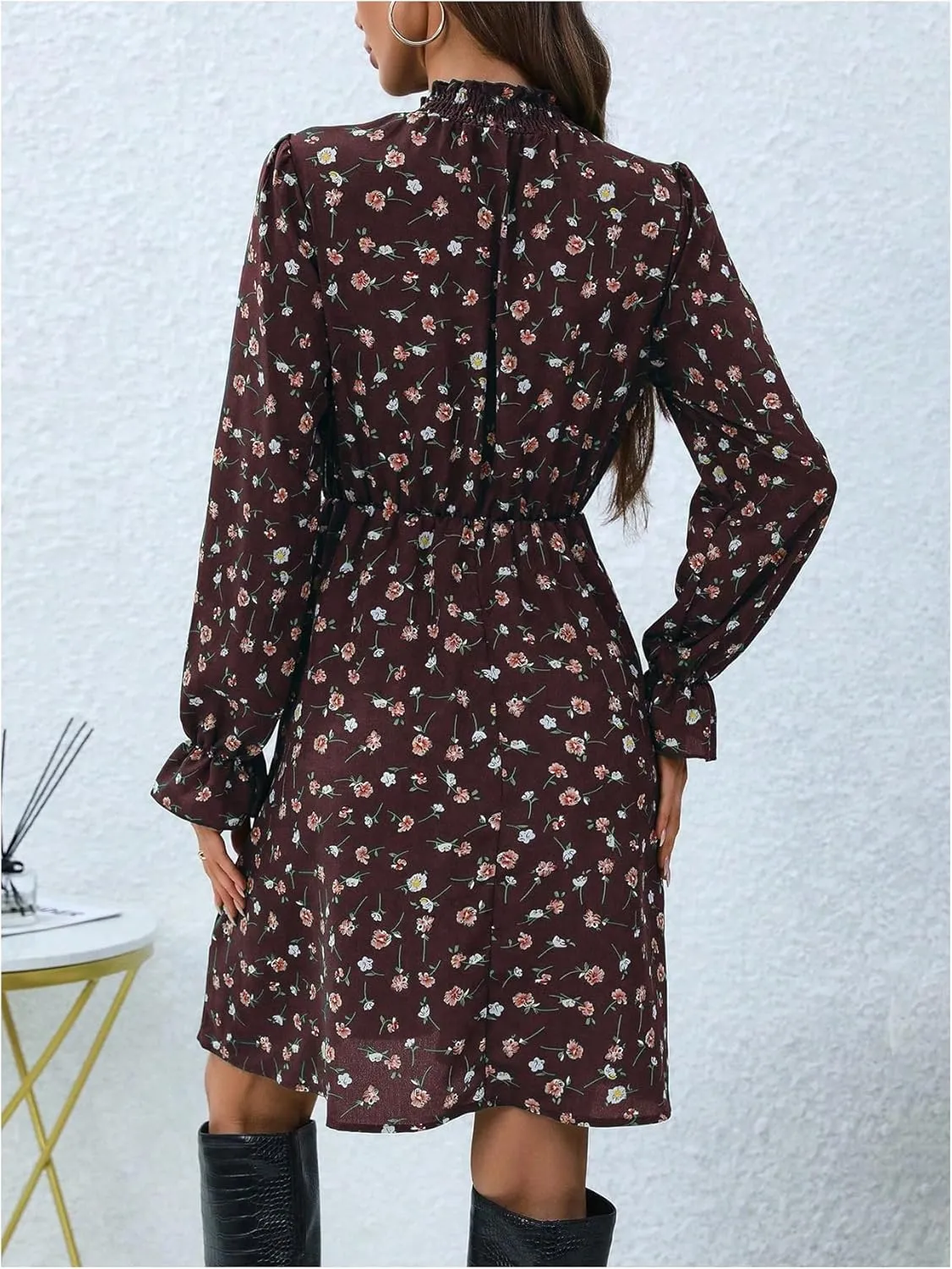MakeMeChic Women's Floral Print Long Sleeve Mock Neck Shirred A Line Casual Short Mini Dress