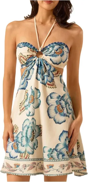 MakeMeChic Women's Summer Tropical Print Mini Dress Sundress 2025 Halter Backless Cut Out Short Dresses