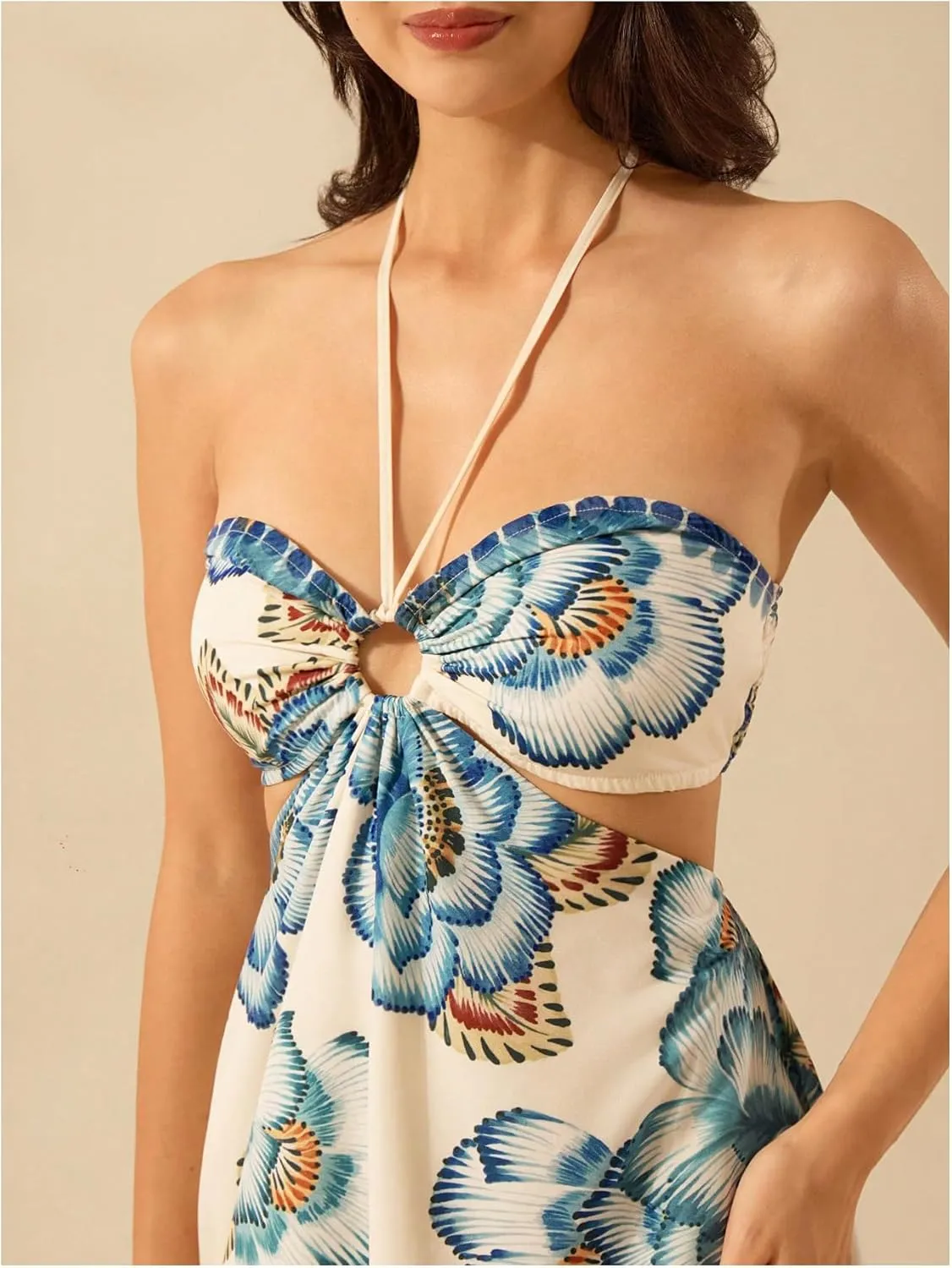MakeMeChic Women's Summer Tropical Print Mini Dress Sundress 2025 Halter Backless Cut Out Short Dresses