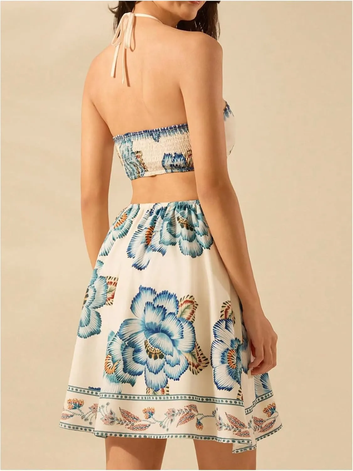 MakeMeChic Women's Summer Tropical Print Mini Dress Sundress 2025 Halter Backless Cut Out Short Dresses