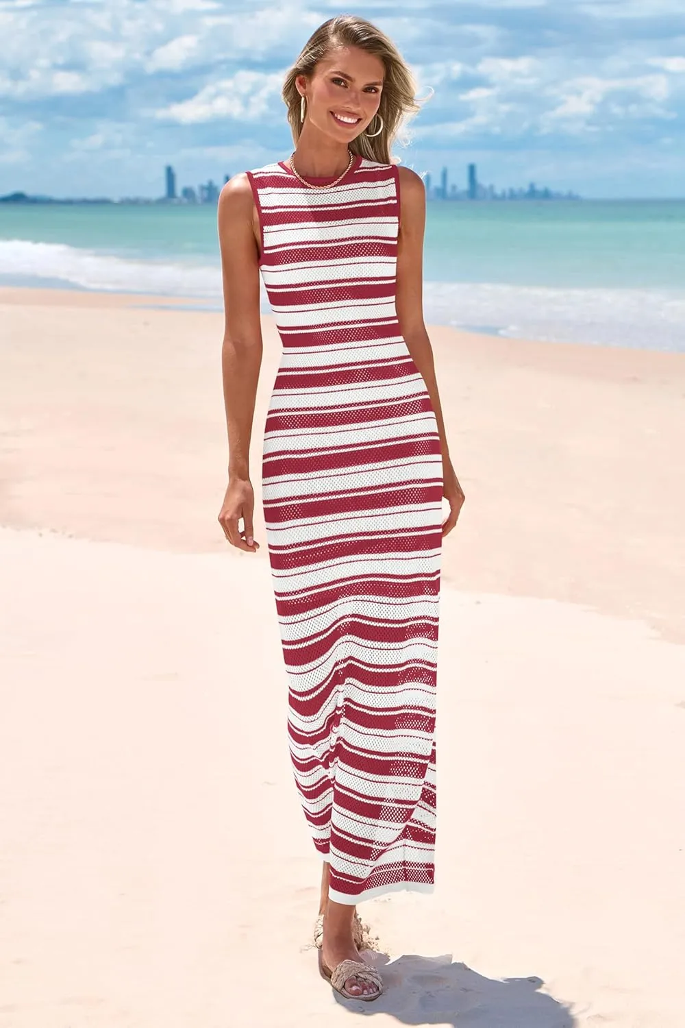 MASCOMODA Womens 2025 Striped Summer Dresses Crochet Swimsuit Coverup Sleeveless Tank Maxi Dress Beach Vacation Long Sundress