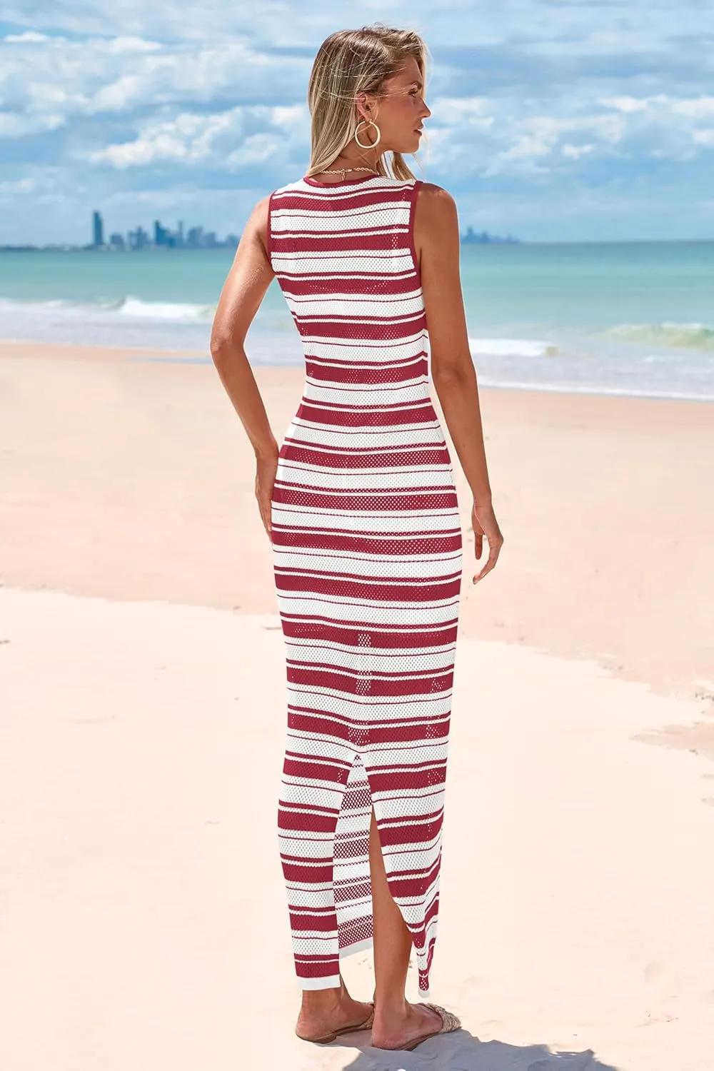MASCOMODA Womens 2025 Striped Summer Dresses Crochet Swimsuit Coverup Sleeveless Tank Maxi Dress Beach Vacation Long Sundress