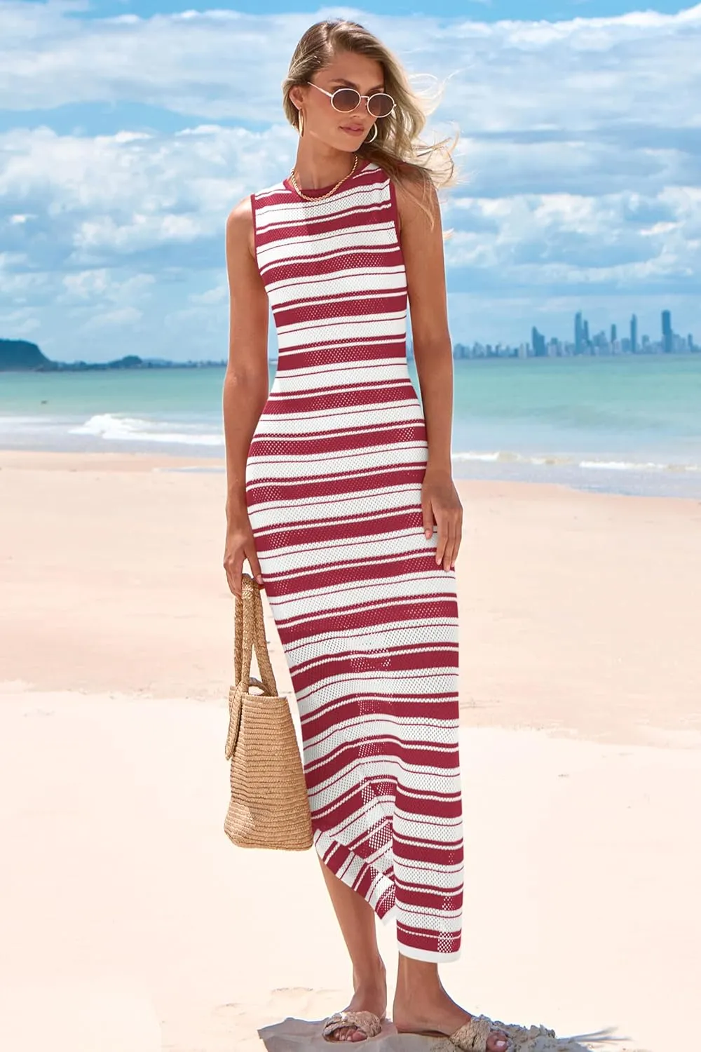MASCOMODA Womens 2025 Striped Summer Dresses Crochet Swimsuit Coverup Sleeveless Tank Maxi Dress Beach Vacation Long Sundress