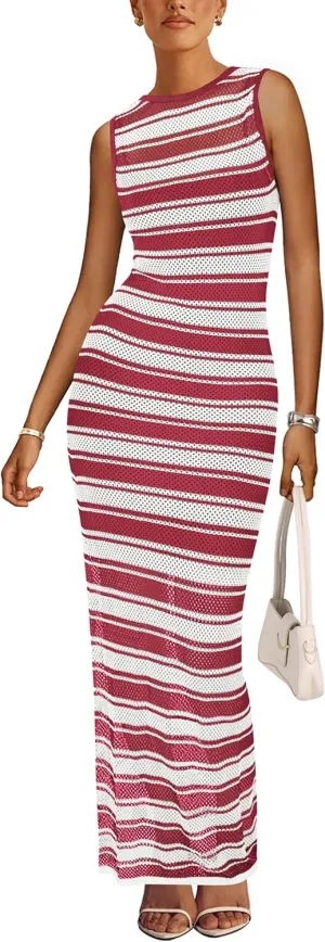 MASCOMODA Womens 2025 Striped Summer Dresses Crochet Swimsuit Coverup Sleeveless Tank Maxi Dress Beach Vacation Long Sundress
