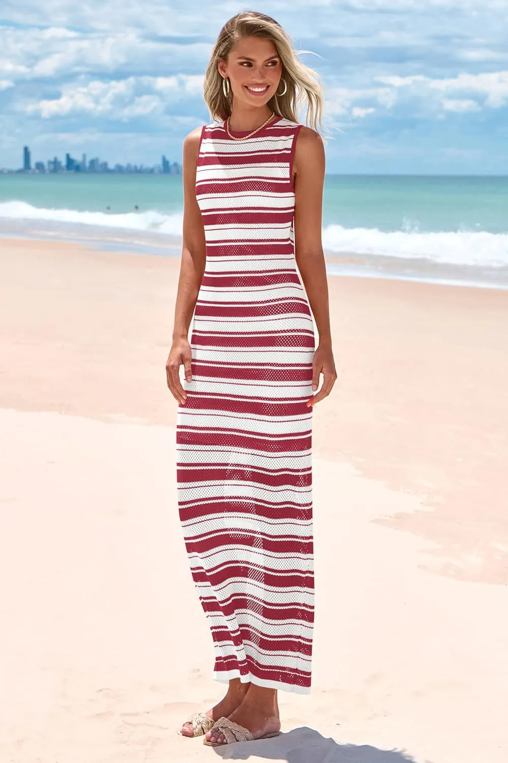 MASCOMODA Womens 2025 Striped Summer Dresses Crochet Swimsuit Coverup Sleeveless Tank Maxi Dress Beach Vacation Long Sundress