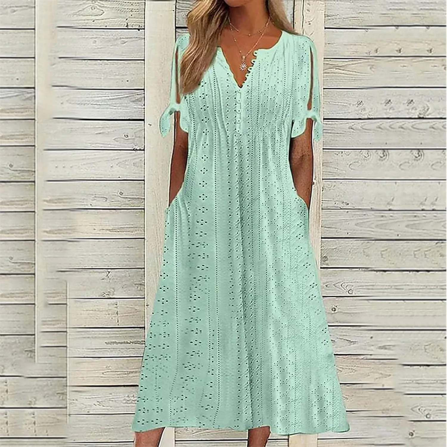 Maxi Dresses for Women 2025 Short Sleeve V Neck Eyelet Summer Dresses Trendy Long Boho Midi Shirt Dresses with Pockets