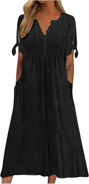 Maxi Dresses for Women 2025 Short Sleeve V Neck Eyelet Summer Dresses Trendy Long Boho Midi Shirt Dresses with Pockets