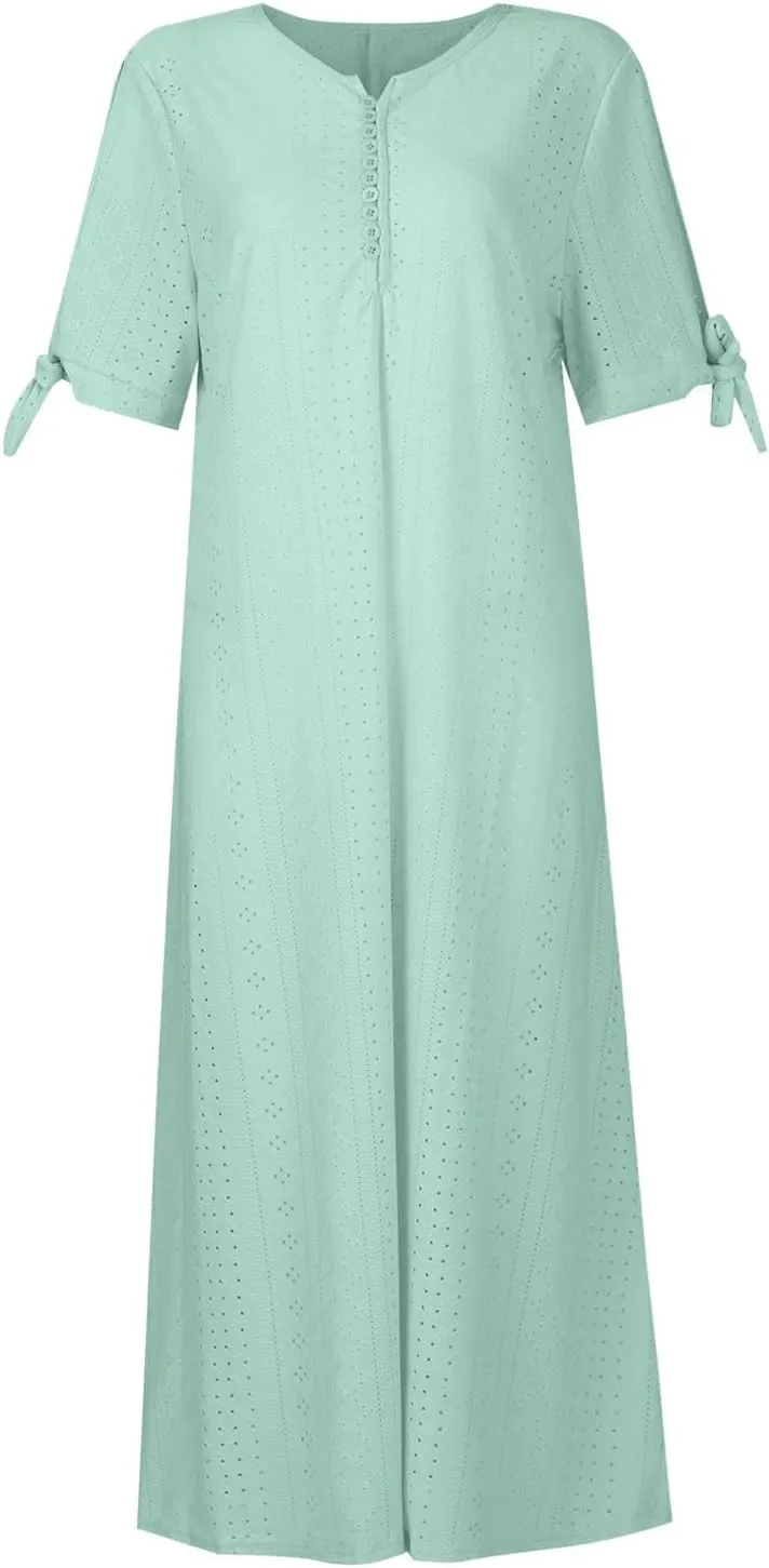 Maxi Dresses for Women 2025 Short Sleeve V Neck Eyelet Summer Dresses Trendy Long Boho Midi Shirt Dresses with Pockets