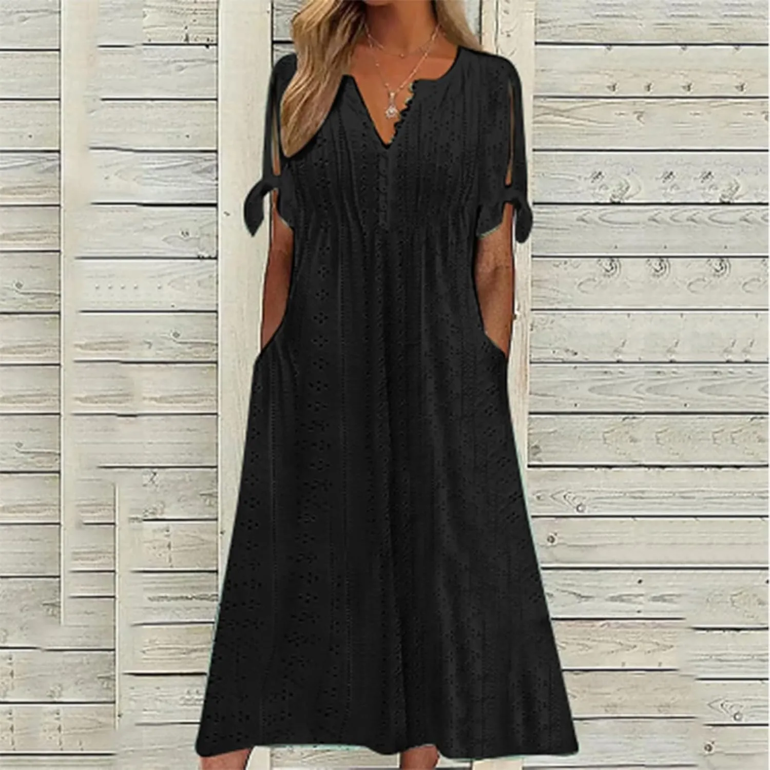 Maxi Dresses for Women 2025 Short Sleeve V Neck Eyelet Summer Dresses Trendy Long Boho Midi Shirt Dresses with Pockets