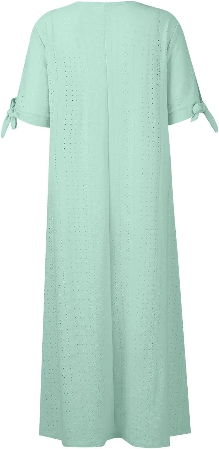 Maxi Dresses for Women 2025 Short Sleeve V Neck Eyelet Summer Dresses Trendy Long Boho Midi Shirt Dresses with Pockets
