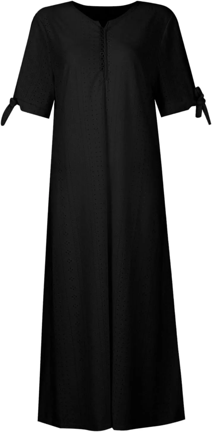 Maxi Dresses for Women 2025 Short Sleeve V Neck Eyelet Summer Dresses Trendy Long Boho Midi Shirt Dresses with Pockets