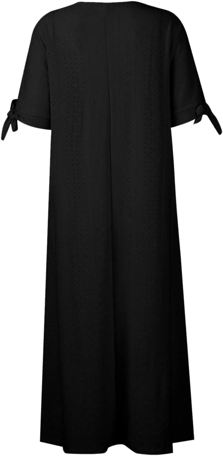 Maxi Dresses for Women 2025 Short Sleeve V Neck Eyelet Summer Dresses Trendy Long Boho Midi Shirt Dresses with Pockets