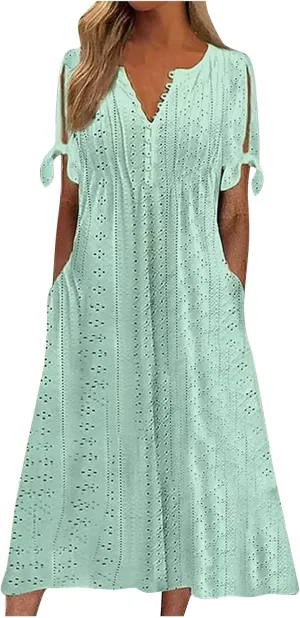 Maxi Dresses for Women 2025 Short Sleeve V Neck Eyelet Summer Dresses Trendy Long Boho Midi Shirt Dresses with Pockets