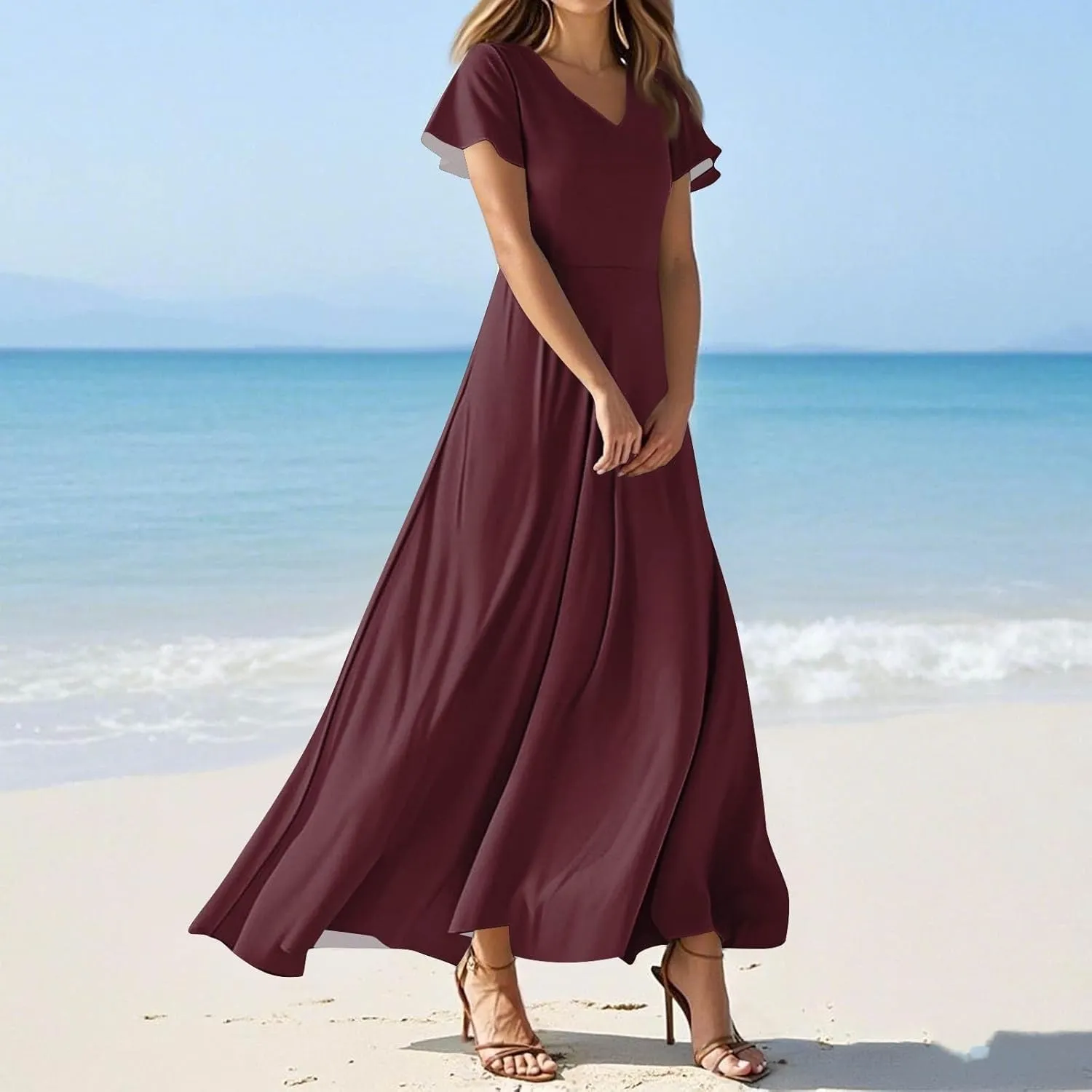 Maxi Dresses for Women 2025 V Neck Short Sleeve Dress Empire Waist Boho Summer Sundress