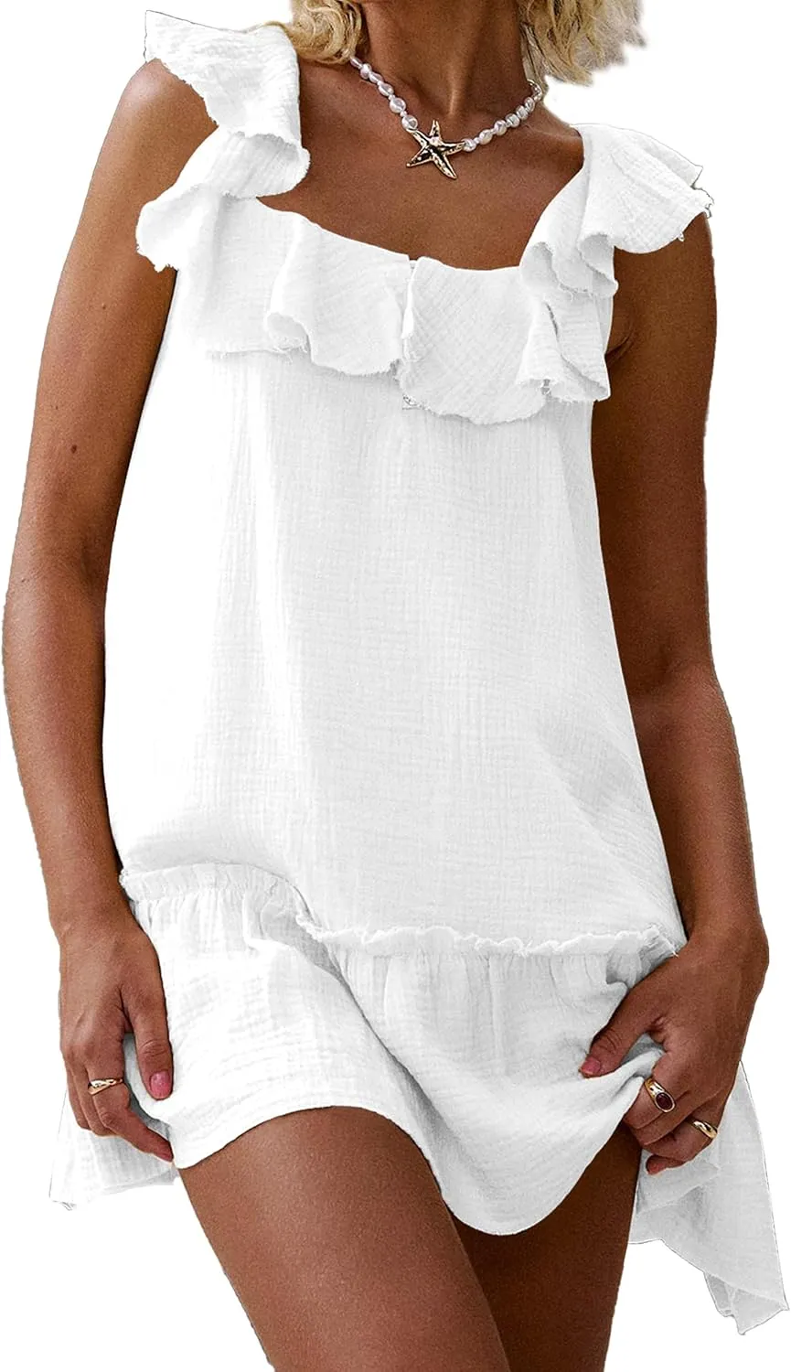 Meladyan Women's Ruffle Babydoll Mini Dress Summer Sleeveless Swing Flowy Loose Short Beach Sundress