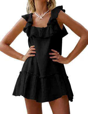 Meladyan Women's Ruffle Babydoll Mini Dress Summer Sleeveless Swing Flowy Loose Short Beach Sundress