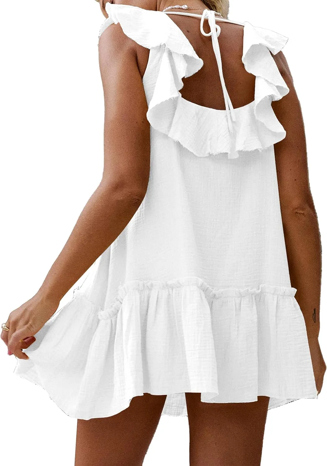 Meladyan Women's Ruffle Babydoll Mini Dress Summer Sleeveless Swing Flowy Loose Short Beach Sundress