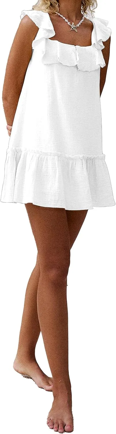 Meladyan Women's Ruffle Babydoll Mini Dress Summer Sleeveless Swing Flowy Loose Short Beach Sundress