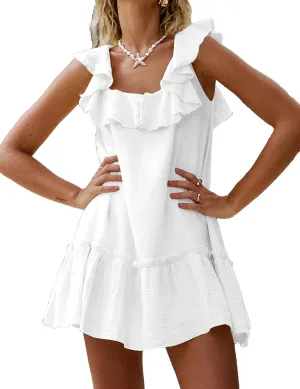 Meladyan Women's Ruffle Babydoll Mini Dress Summer Sleeveless Swing Flowy Loose Short Beach Sundress