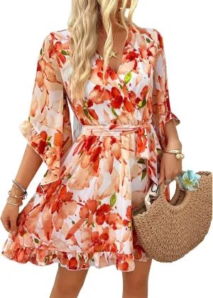 Melliflo Women Summer Floral Print Vintage Boho Dress V Neck Half Ruffle Sleeve Beach Swing Dresses Mini Babydoll Tunic Dress