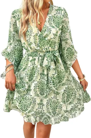 Melliflo Women Summer Floral Print Vintage Boho Dress V Neck Half Ruffle Sleeve Beach Swing Dresses Mini Babydoll Tunic Dress
