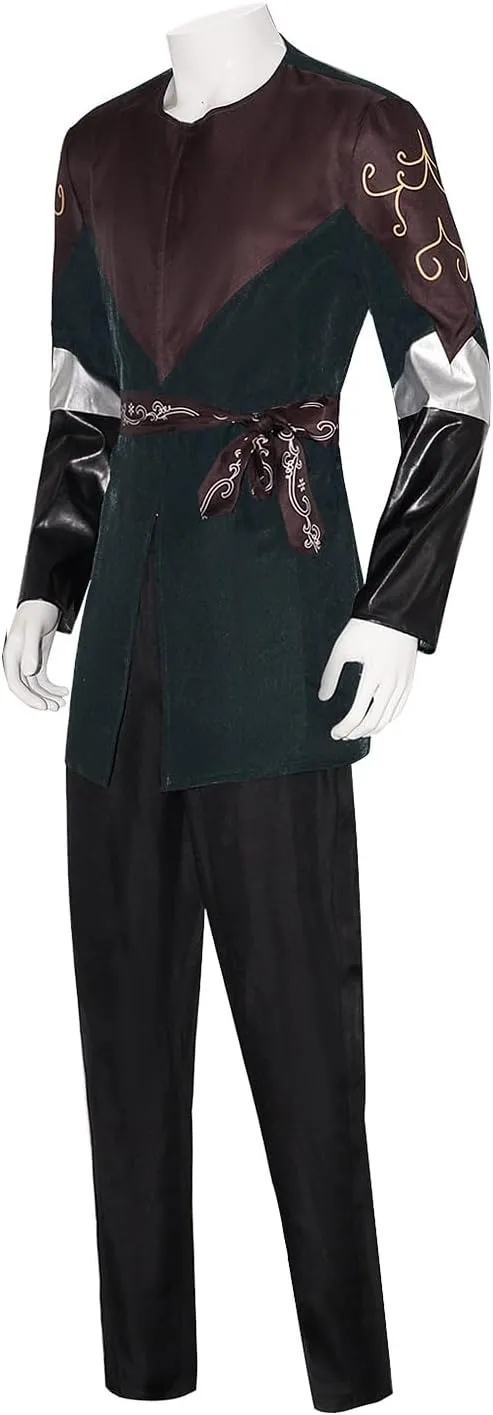 Men Legolas Costume Tunic Top Pants Belt with Cloak Robe Full Set Elf Legolas Cosplay Ear Wig for Halloween Party