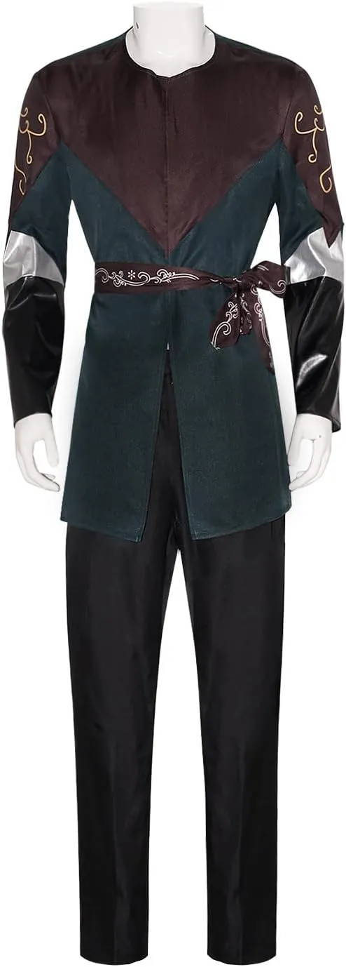 Men Legolas Costume Tunic Top Pants Belt with Cloak Robe Full Set Elf Legolas Cosplay Ear Wig for Halloween Party