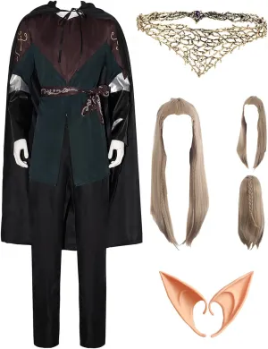Men Legolas Costume Tunic Top Pants Belt with Cloak Robe Full Set Elf Legolas Cosplay Ear Wig for Halloween Party